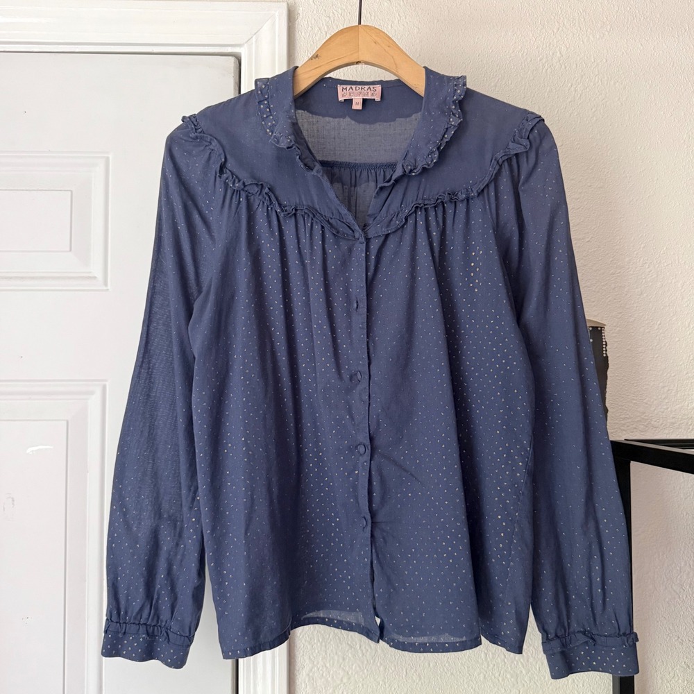 MADRAS BY A.P.C. navy metallic gold dot ruffle long sleeve blouse shirt‎ top